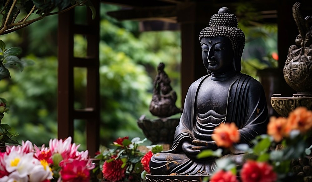 onyx buddha statue, japan shrine background