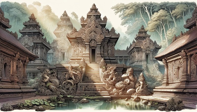 cool mysterious ancient ubud temple illustration