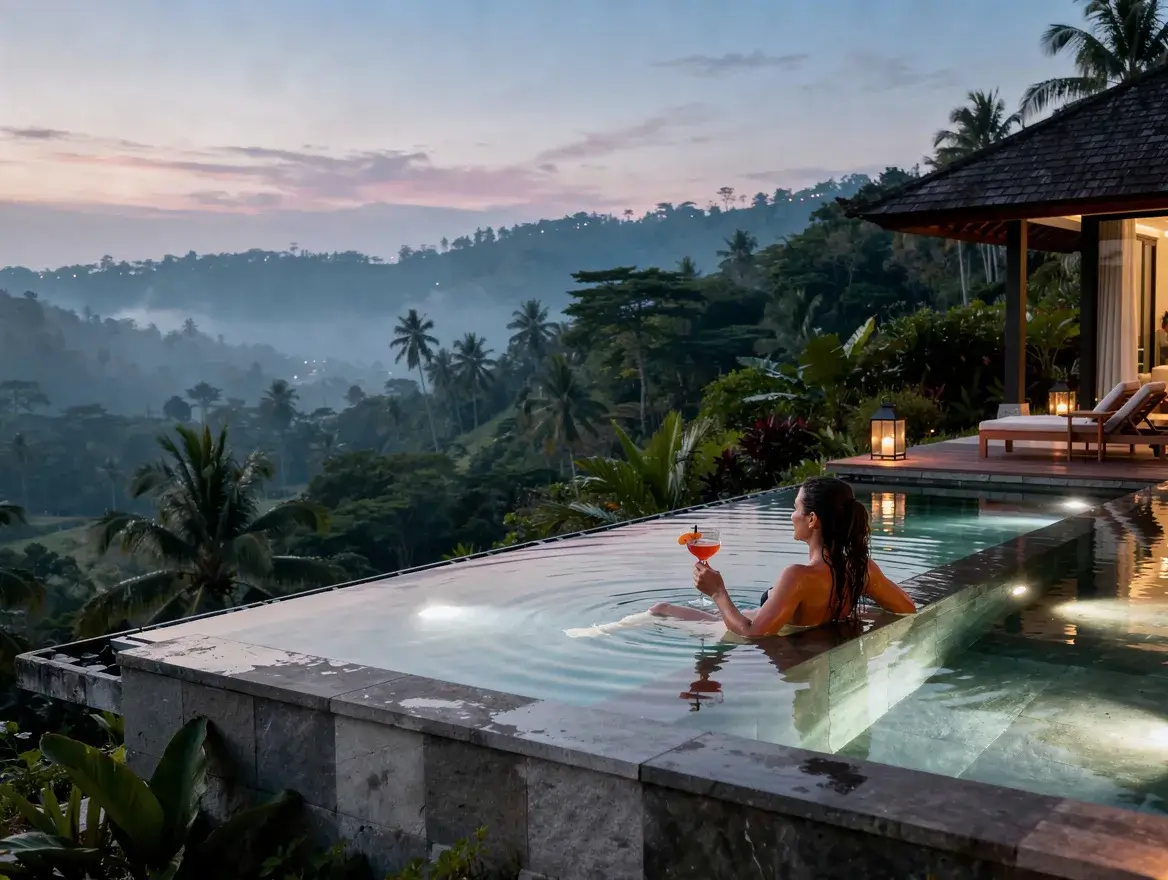 Woman relaxing in a tropical infinity pool at a Bali villa with stunning jungle view