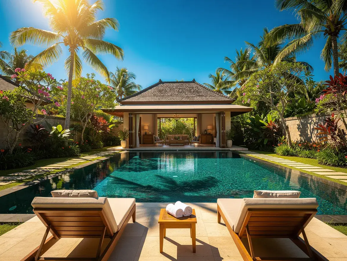 Private pool villa in Ubud Bali on a sunny dry season day with blue sky and tropical garden