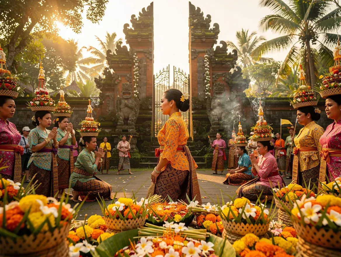 Traditional Balinese ceremony at ancient stone temple in Ubud with colorful offerings and flowers