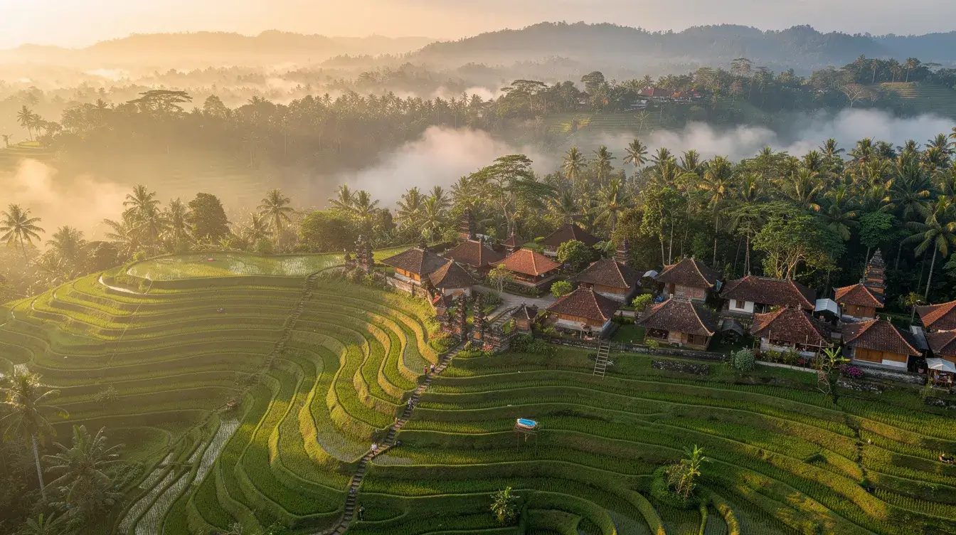 Ubud Bali tropical landscape aerial view, terraced rice fields green, morning mist over jungle, traditional Balinese village