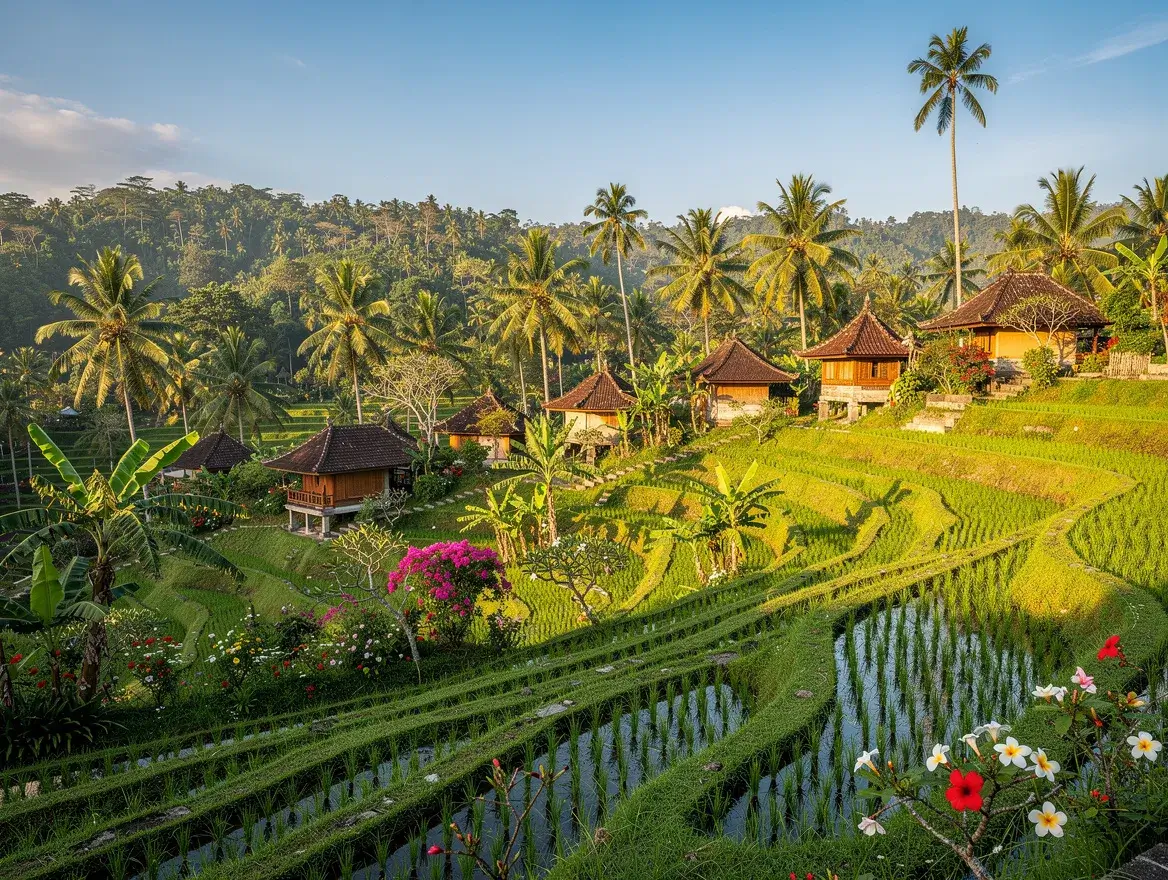Tropical Ubud Bali village rice terrace landscape with clear skies and flowering gardens