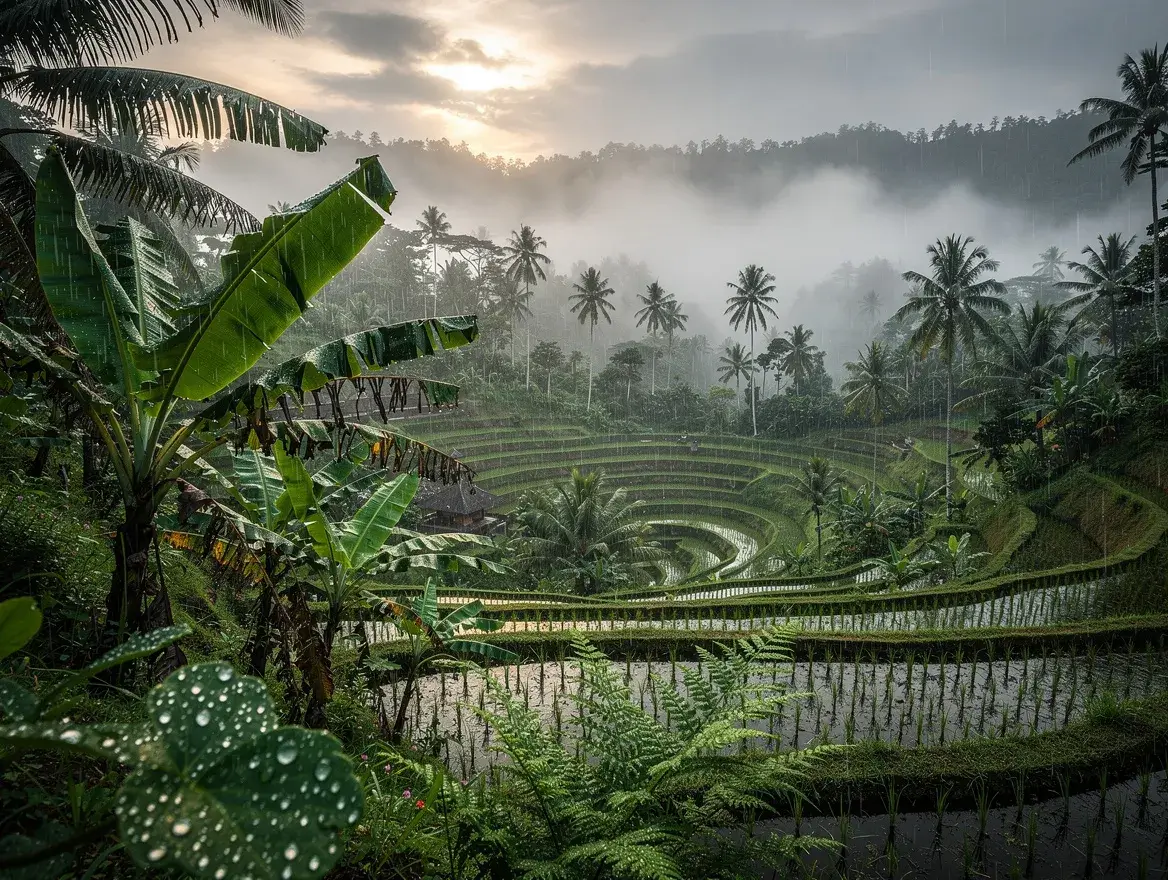 Lush green jungle in Ubud Bali during rainy season with tropical plants and morning mist