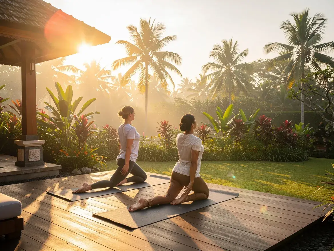 Couple doing outdoor yoga at sunrise on a villa deck in Ubud Bali with tropical garden