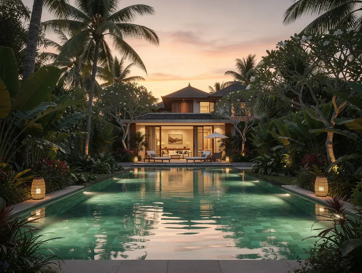 Luxury private pool villa in Ubud Bali surrounded by tropical garden at golden hour with pool reflection