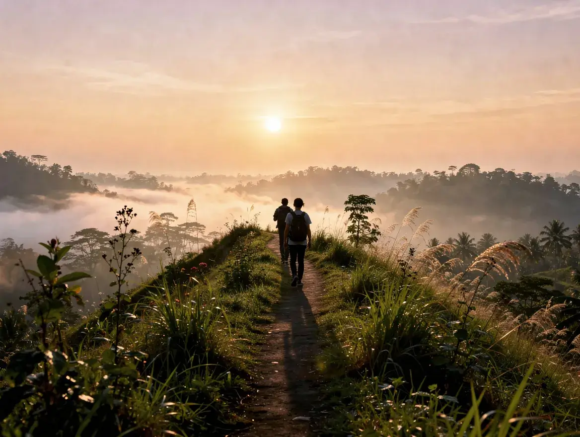 sunrise over the Campuhan Ridge Walk path Ubud Bali with orange sky and tropical hills