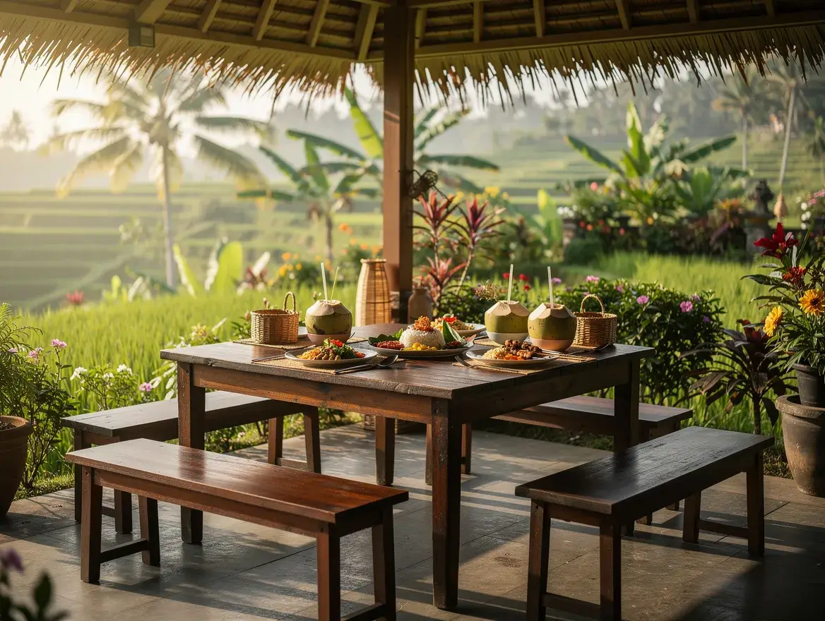 open-air Balinese cafe near rice fields in Ubud Bali with fresh coconut drinks and local food