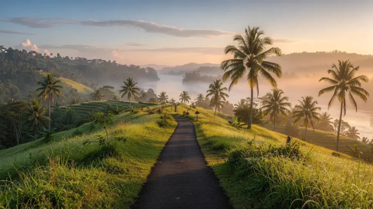 Campuhan Ridge Walk Ubud Bali at sunrise, narrow paved path winding through rolling green hills covered in lush tropical gras