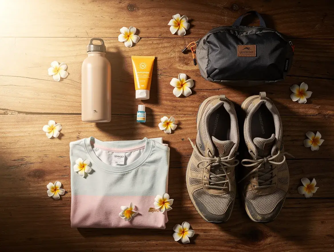 essentials to pack for a morning walk in Ubud Bali water sunscreen comfortable shoes