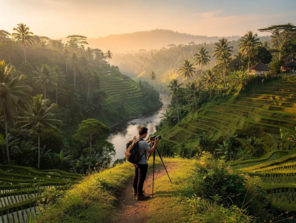 photographer at sunrise viewpoint on Campuhan Ridge Walk Ubud overlooking river valleys