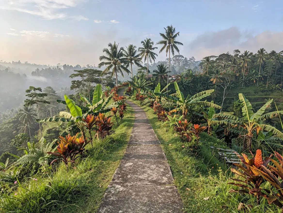 narrow paved trail through tropical grass on Campuhan Ridge Walk Ubud