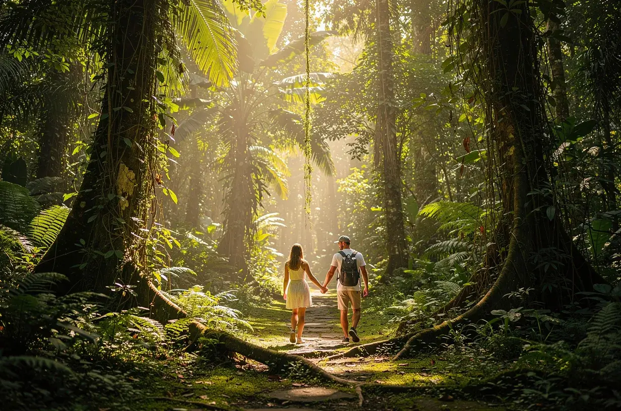 couple walking through jungle path in Sacred Monkey Forest Ubud Bali