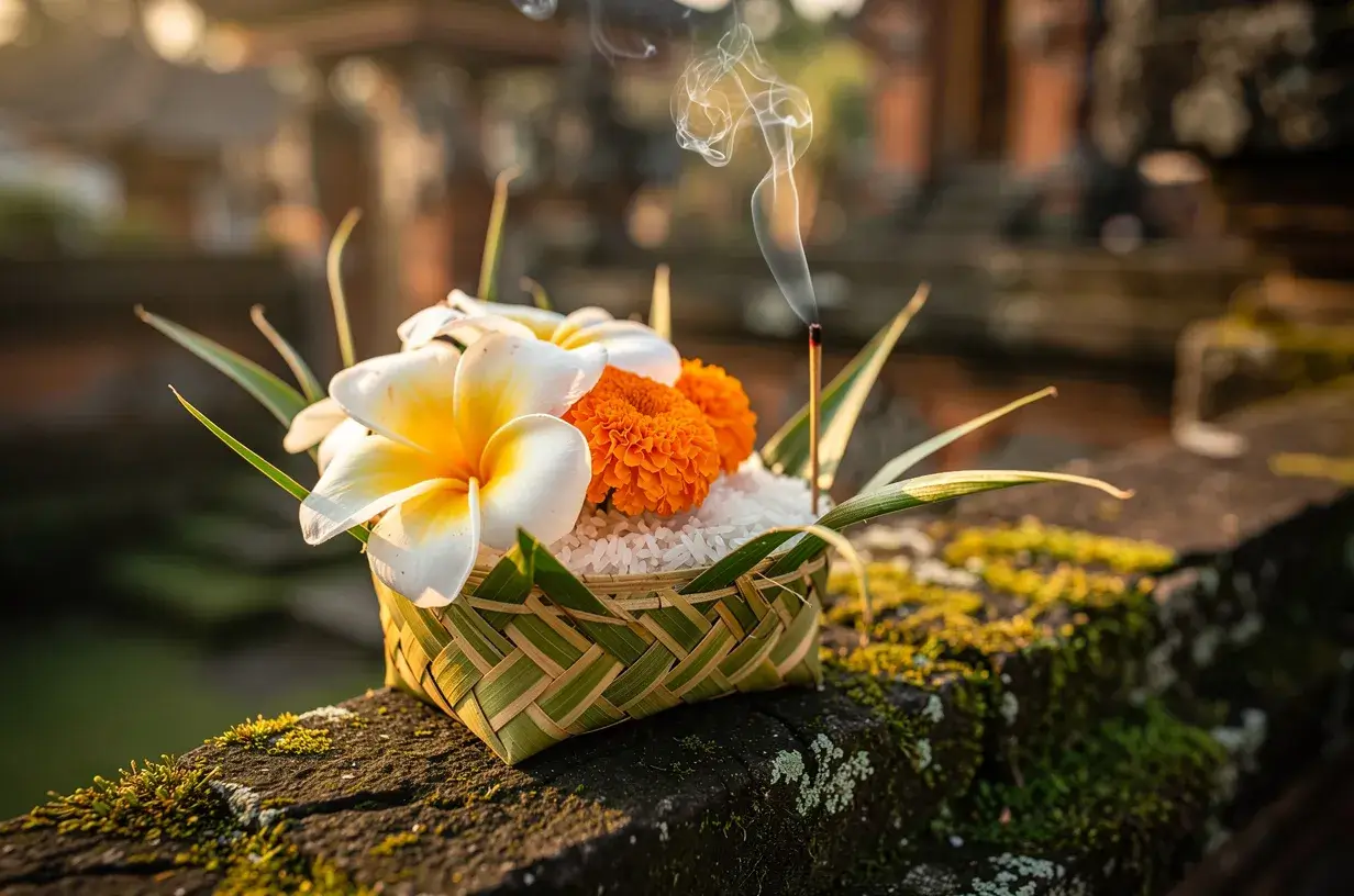 Traditional Balinese canang sari offerings with frangipani flowers for Nyepi ceremony
