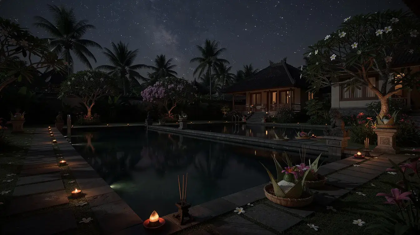 Serene Balinese villa garden at night during Nyepi Day of Silence, private pool reflecting starry sky, tropical flowers, cand
