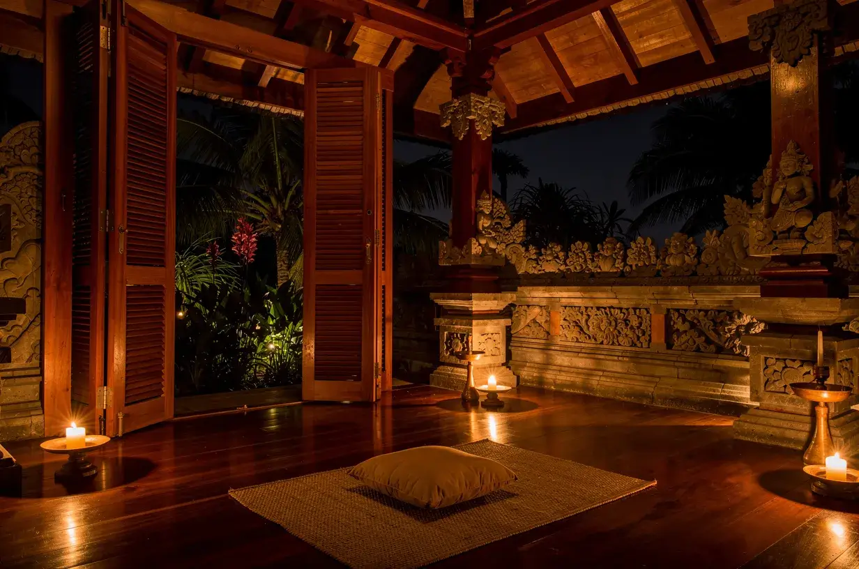 Candlelit interior of a Balinese villa during the silence of Nyepi night