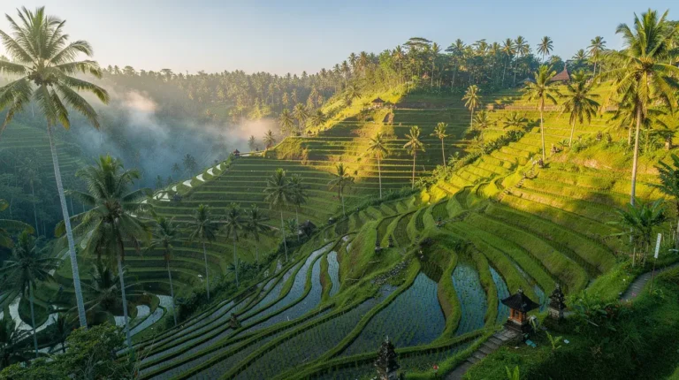 Aerial view of Tegallalang rice terraces in Ubud Bali with dramatic green tiers cascading down a lush valley, morning golden