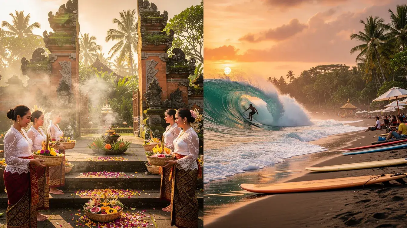 Bali temple ceremony and surf beach representing the choice between Ubud and Canggu