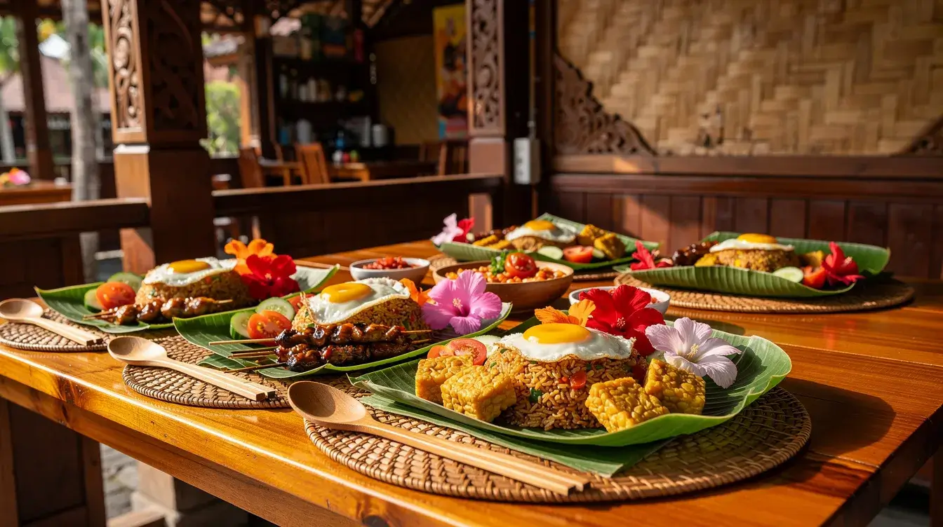 Traditional Balinese warung food on banana leaves with tropical flower garnish