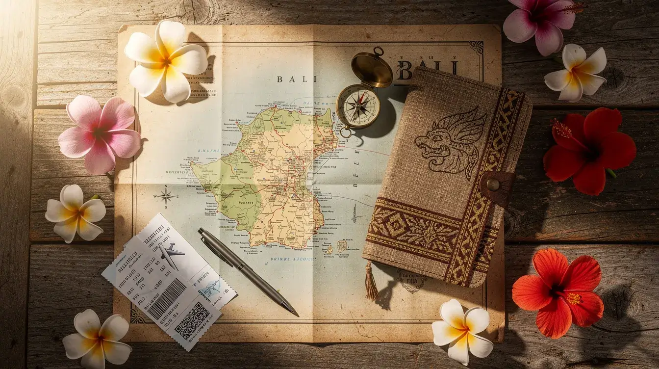 Bali travel itinerary planning with vintage map tropical flowers and journal