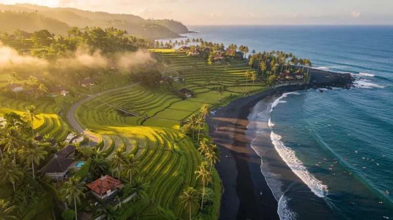 Aerial view of Bali island, lush green rice terraces in the interior highlands of Ubud contrasting with the blue ocean coastl