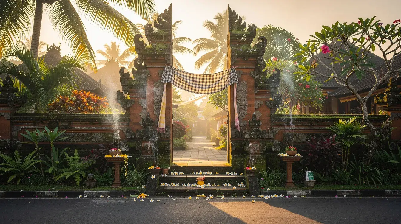 Ubud Bali temple gates at dawn with incense smoke and frangipani flowers