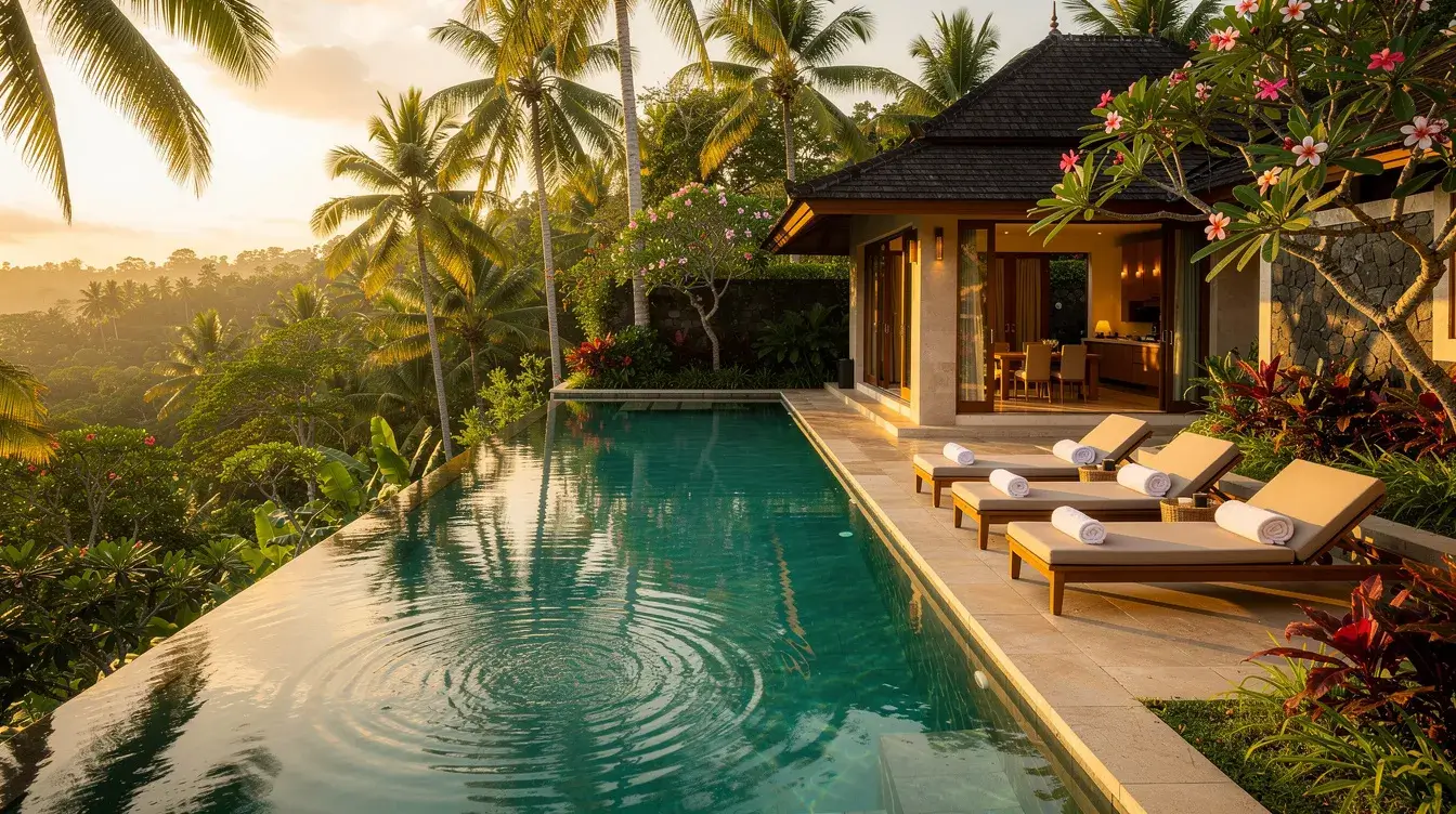 Private pool villa in Ubud Bali surrounded by lush tropical garden at golden hour