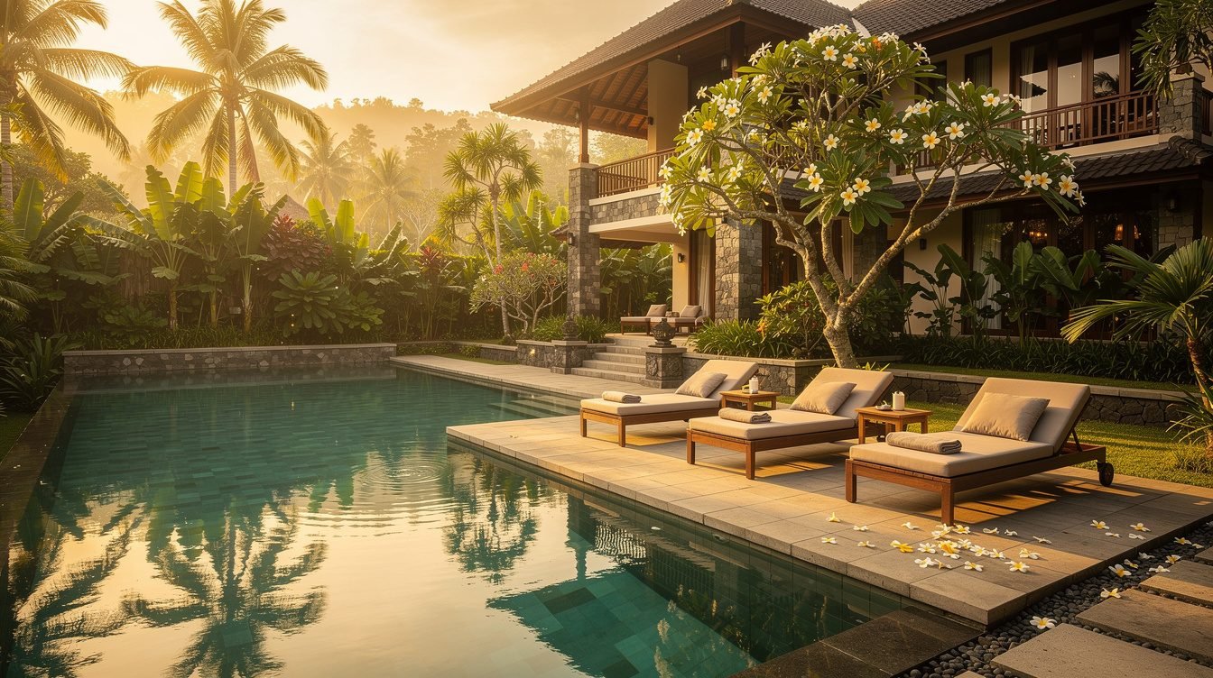 Villa Amrita pool deck at golden hour