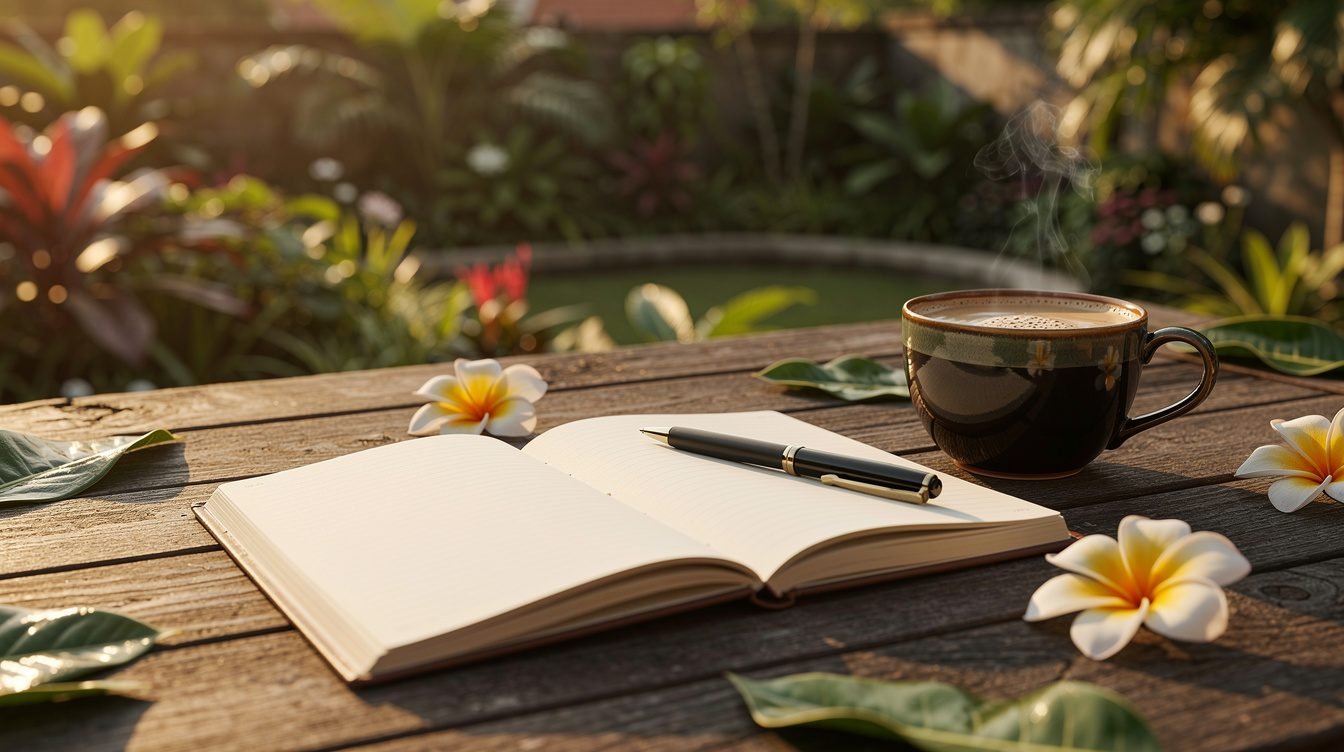 Notebook and coffee on a tropical deck