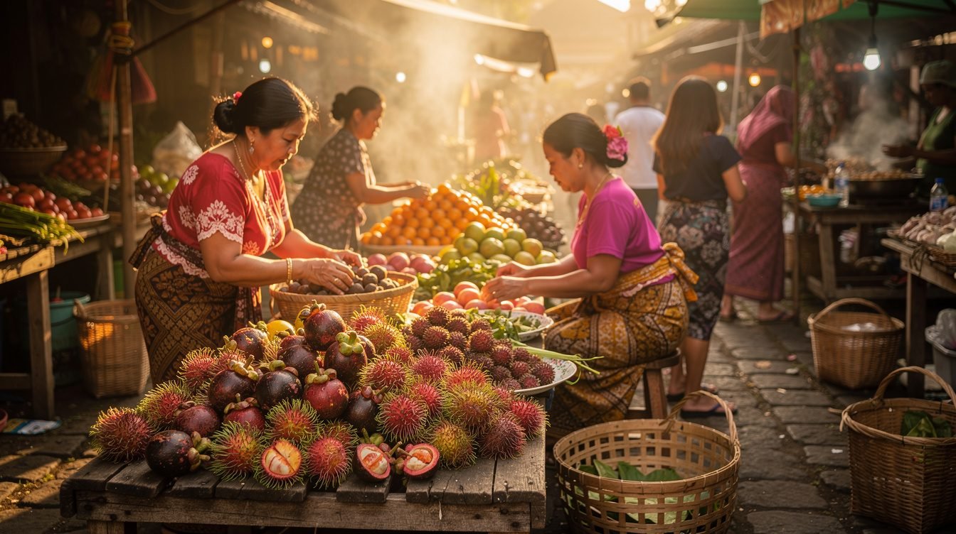 Vibrant Balinese morning market with tropical fruits