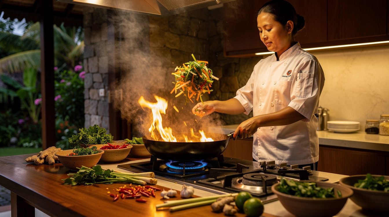 Private Balinese chef cooking in a villa kitchen