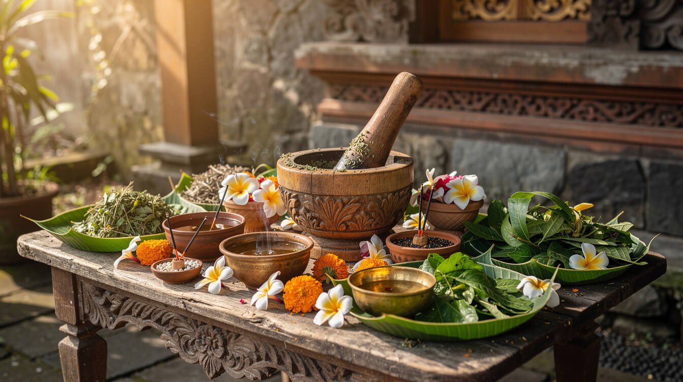 traditional Balinese balian healer preparation with sacred herbs