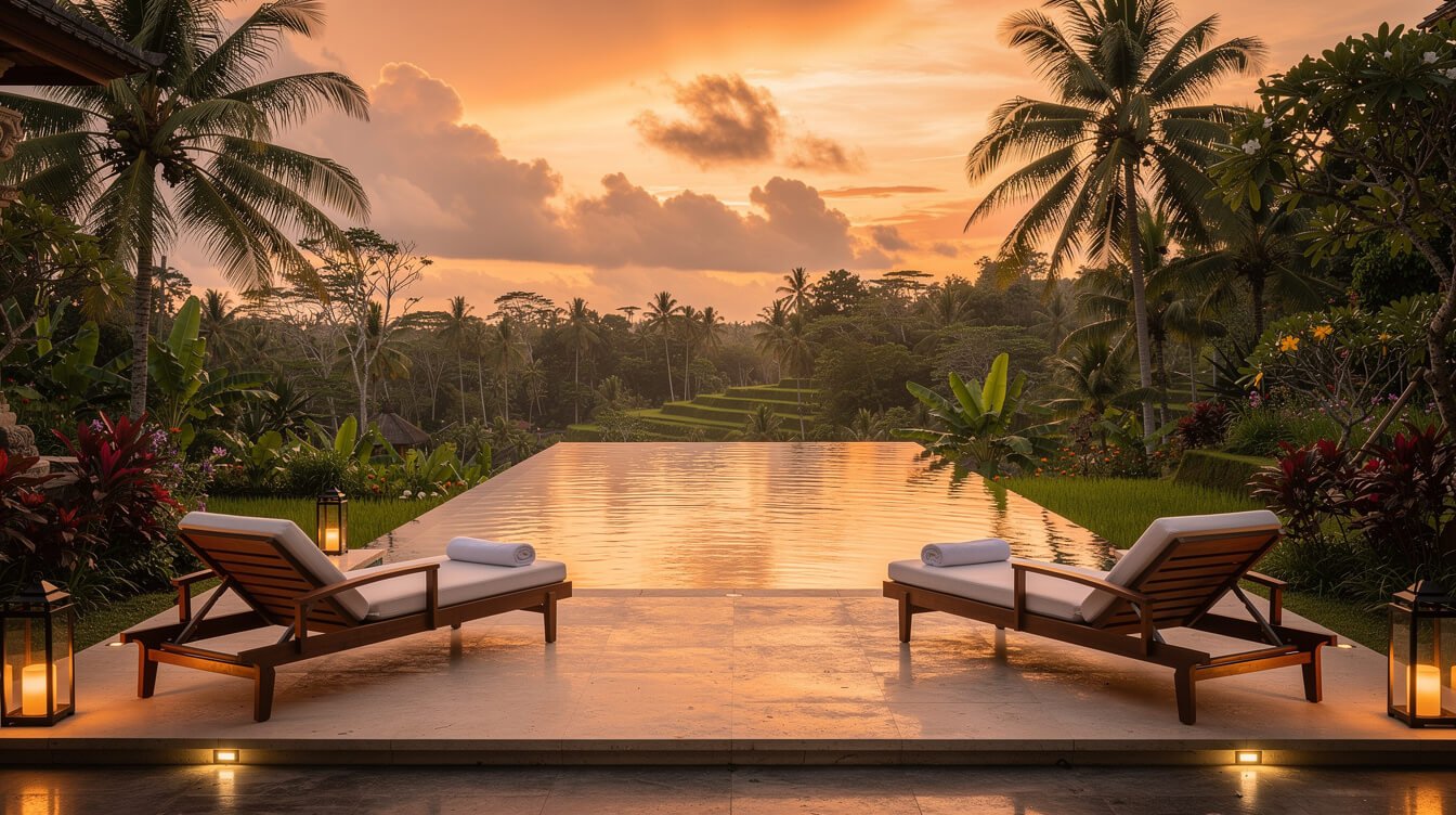 Villa Amrita pool deck at sunset for booking
