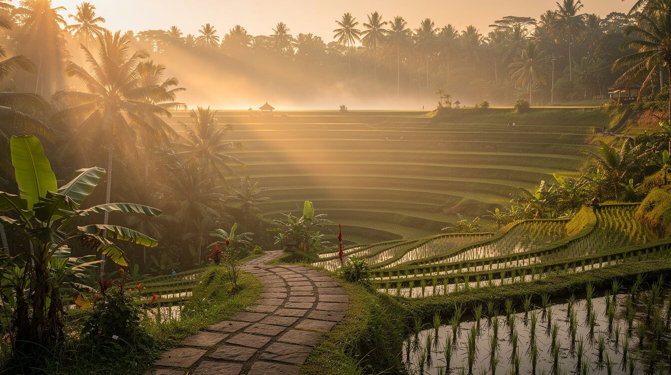 Warm Ubud morning rice terraces for healing retreat itinerary
