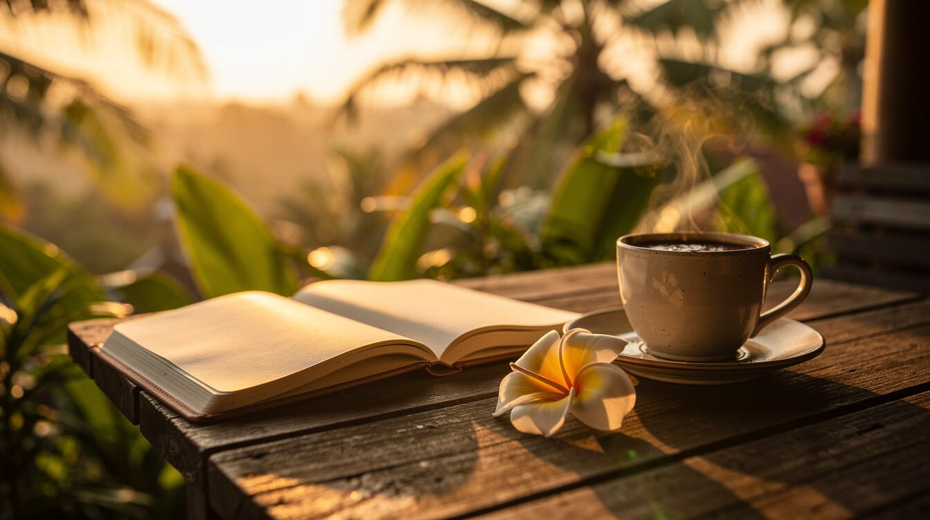 Notebook and coffee on tropical deck for Villa Amrita newsletter