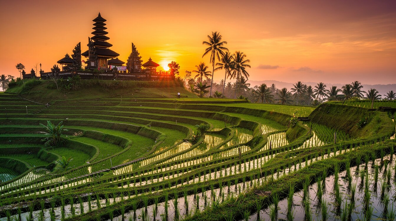 Bali sunset over rice terraces showing perfect honeymoon weather