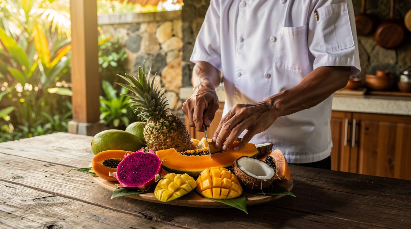 Balinese chef preparing tropical food in a private villa kitchen