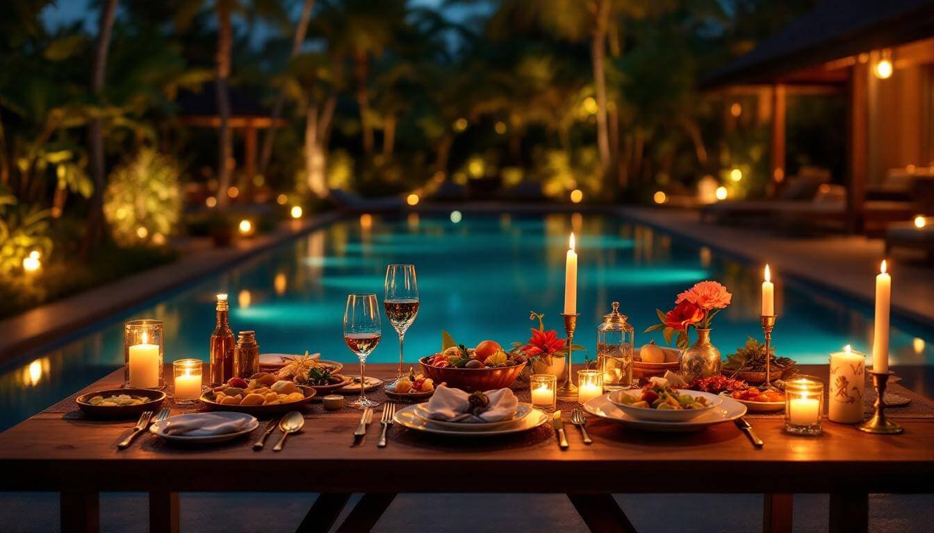 romantic candlelit dinner by the pool in Bali