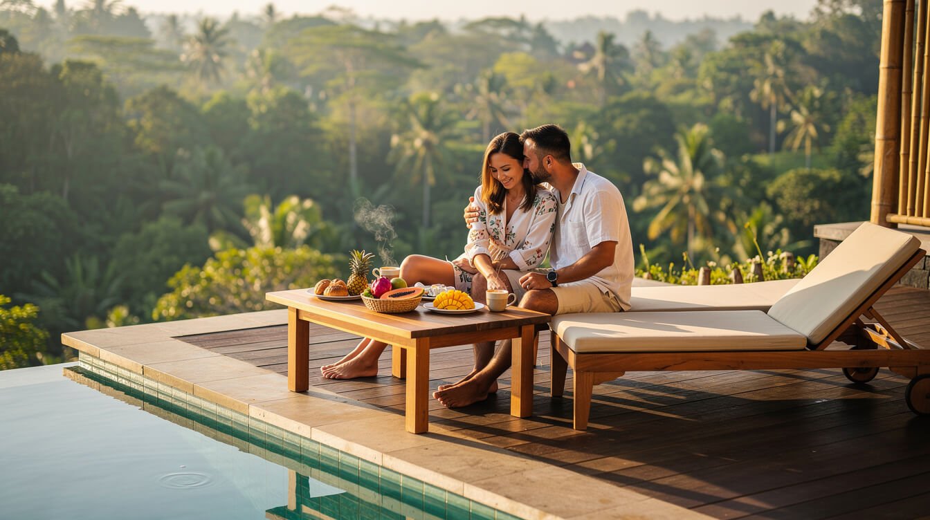 couple enjoying breakfast on a villa pool deck in Ubud