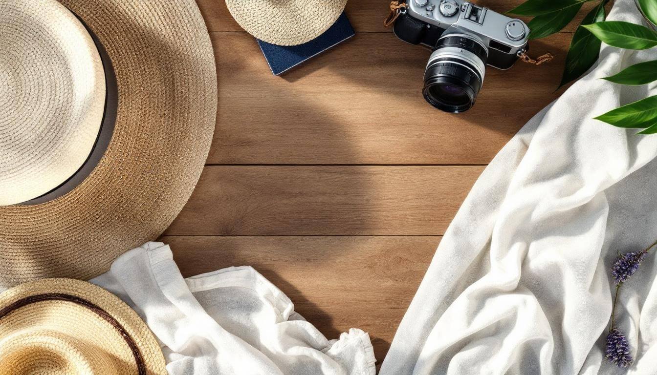 tropical vacation packing flat lay for Bali travel