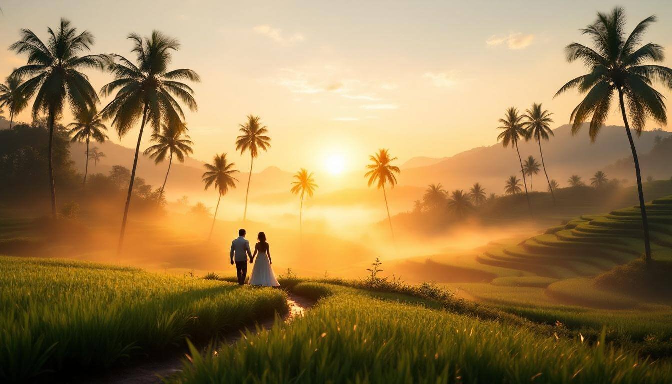 romantic couple walking through Bali rice terraces at sunrise