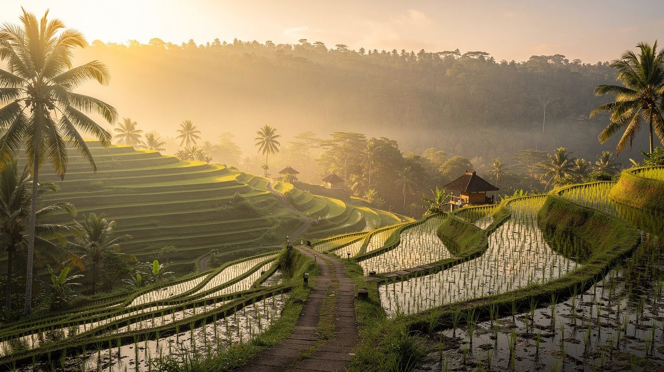Ubud rice terraces sunrise morning mist