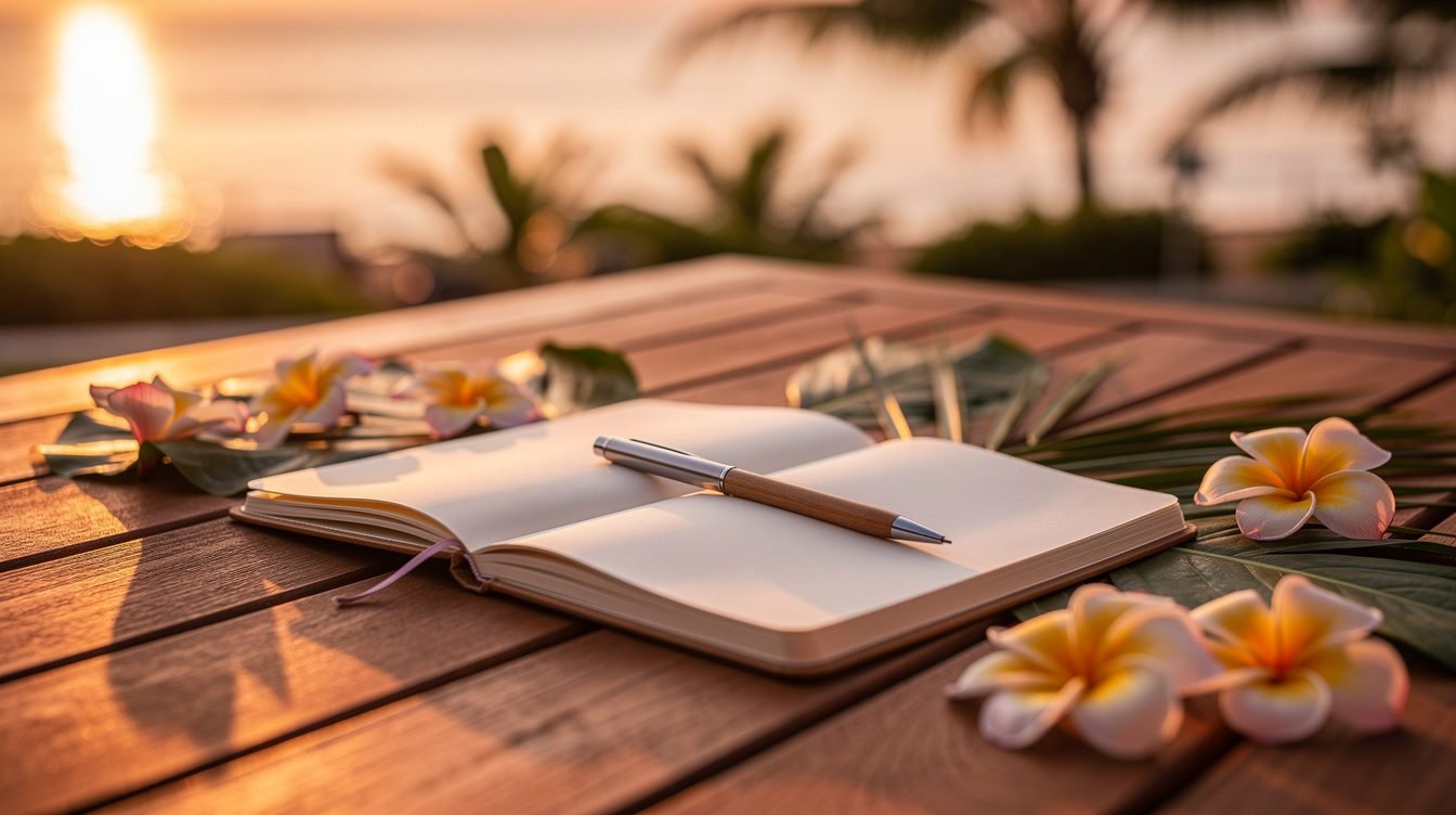 Open notebook with tropical leaves on deck
