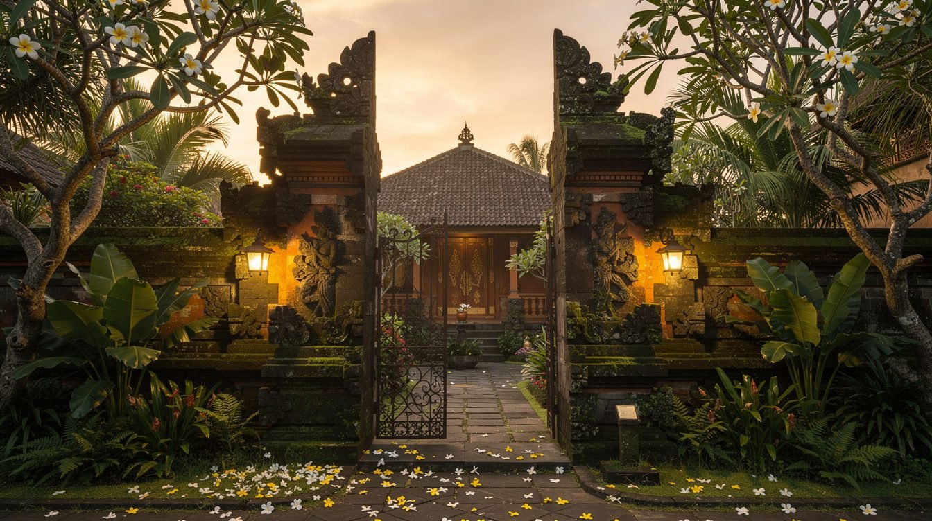 Balinese villa entrance gate tropical garden