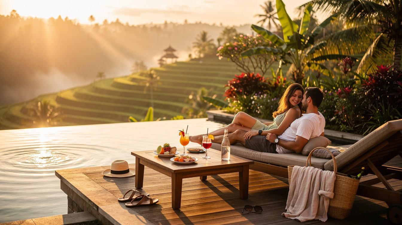 couple enjoying sunset at Bali villa pool deck long term stay