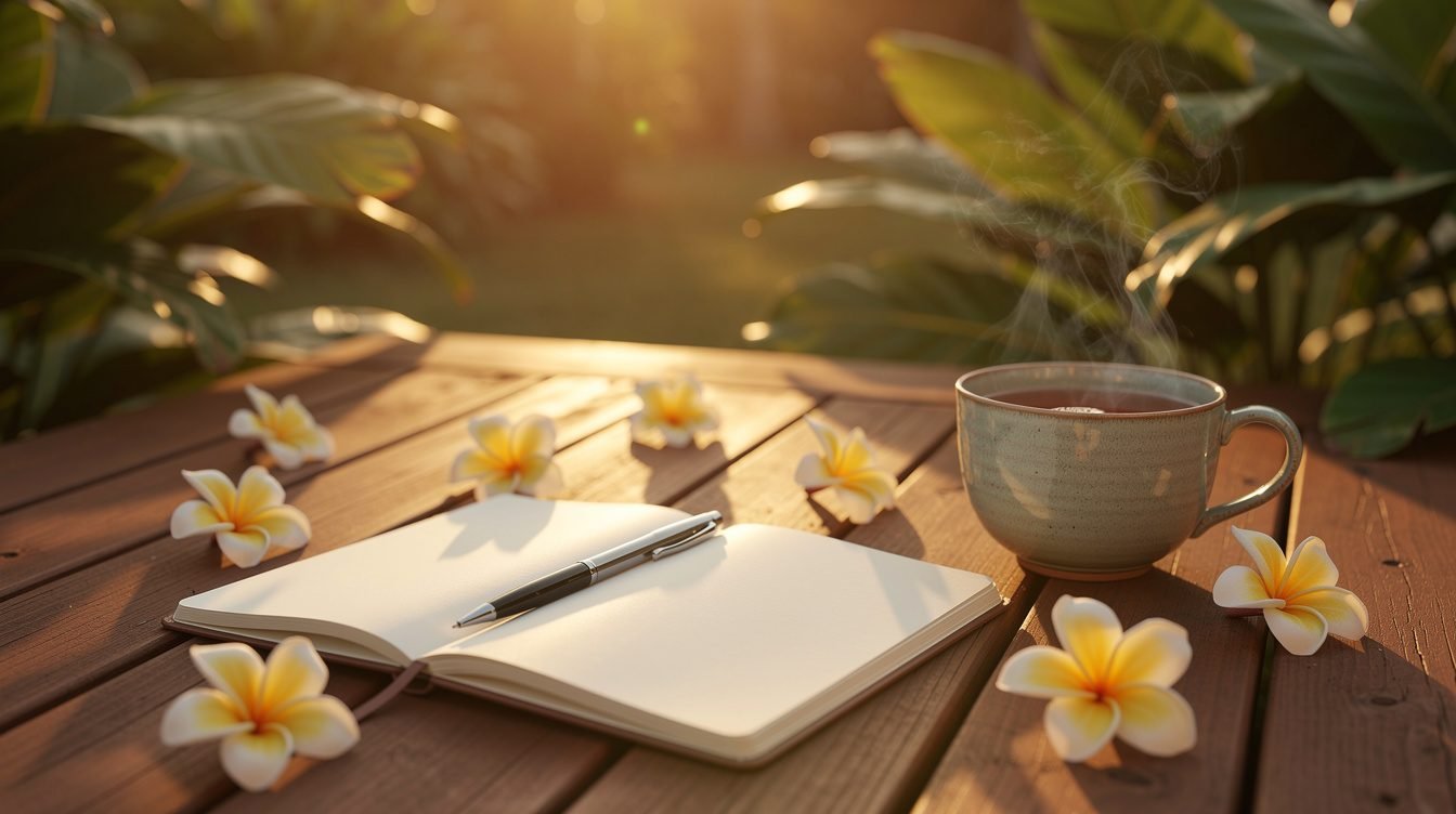 Open notebook on tropical deck with tea and frangipani