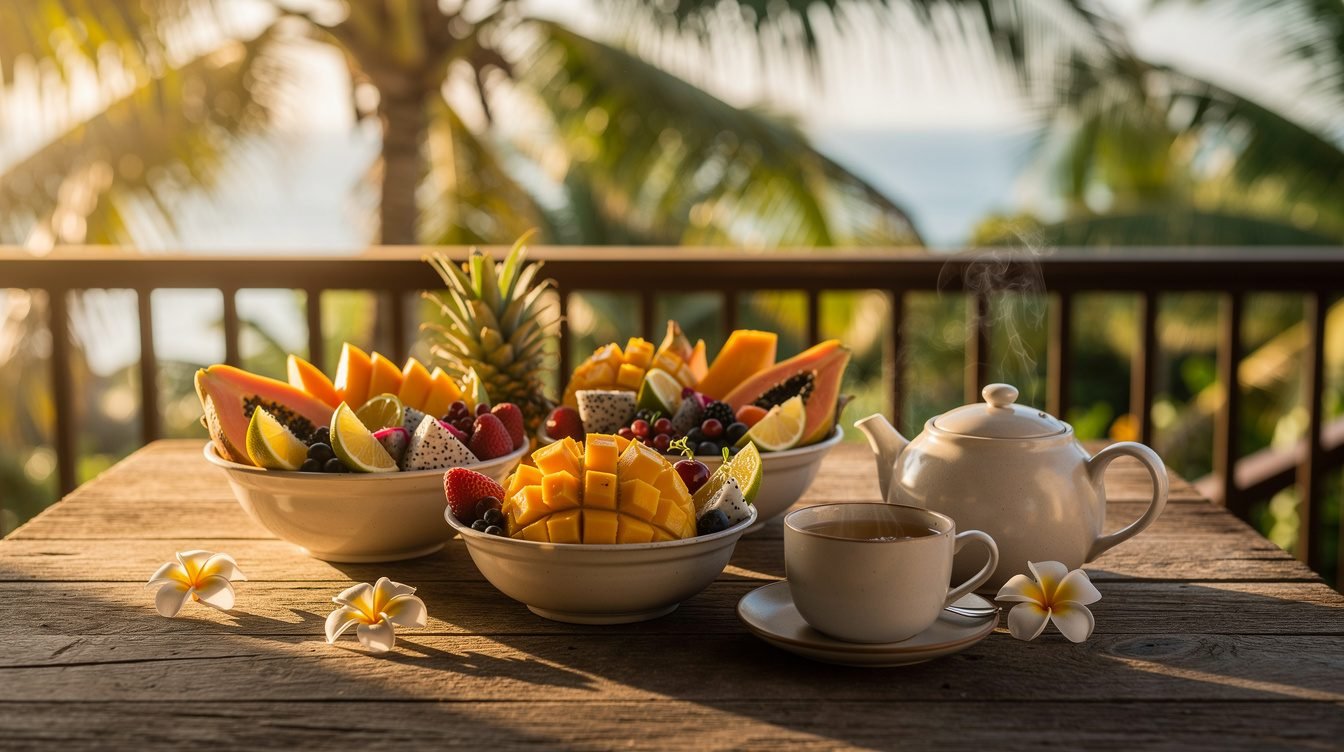 peaceful morning breakfast at tropical villa during meditation retreat