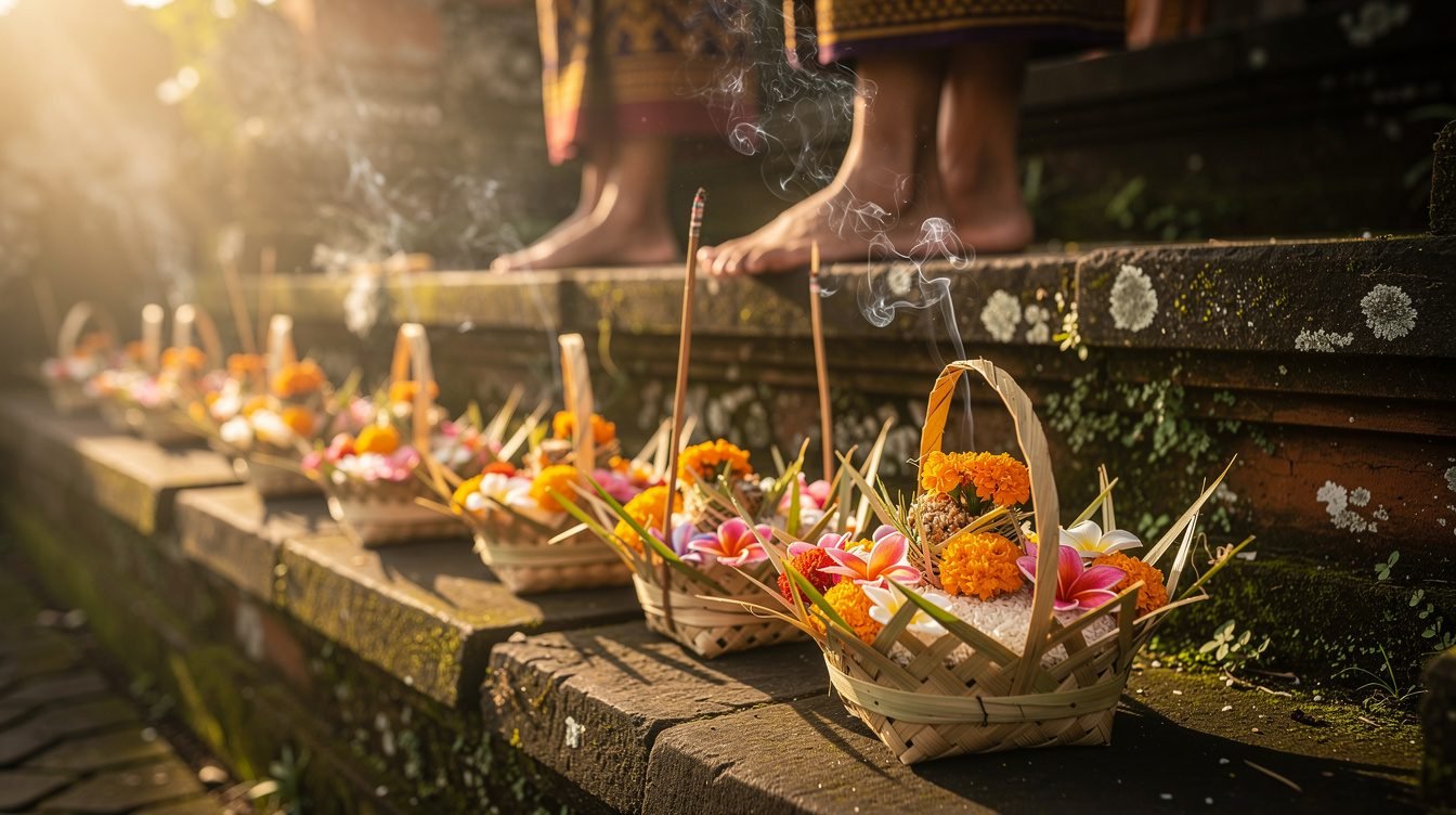Balinese morning offerings canang sari at stone temple in Ubud