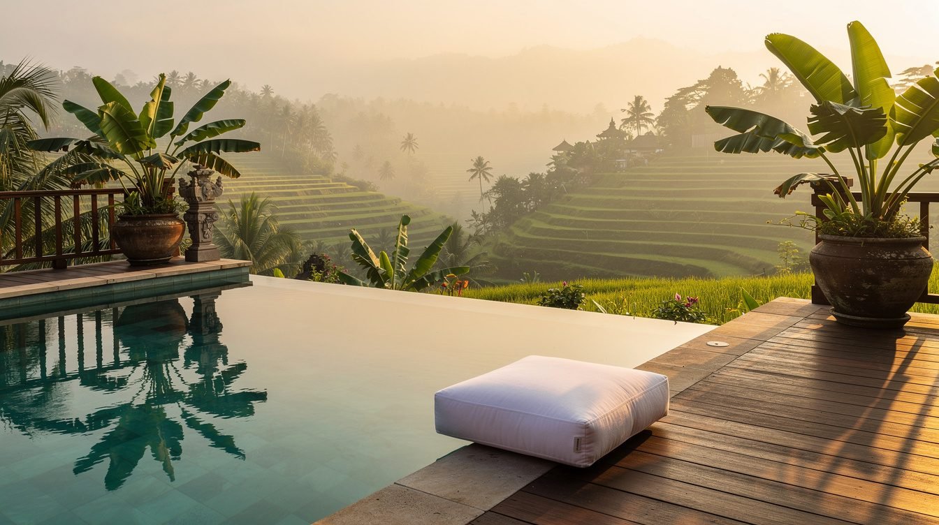 private villa meditation retreat in Ubud with pool and rice terrace view