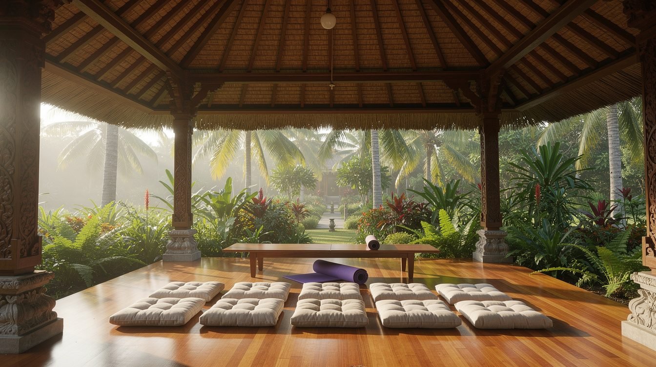 meditation retreat pavilion in Bali with cushions and tropical plants